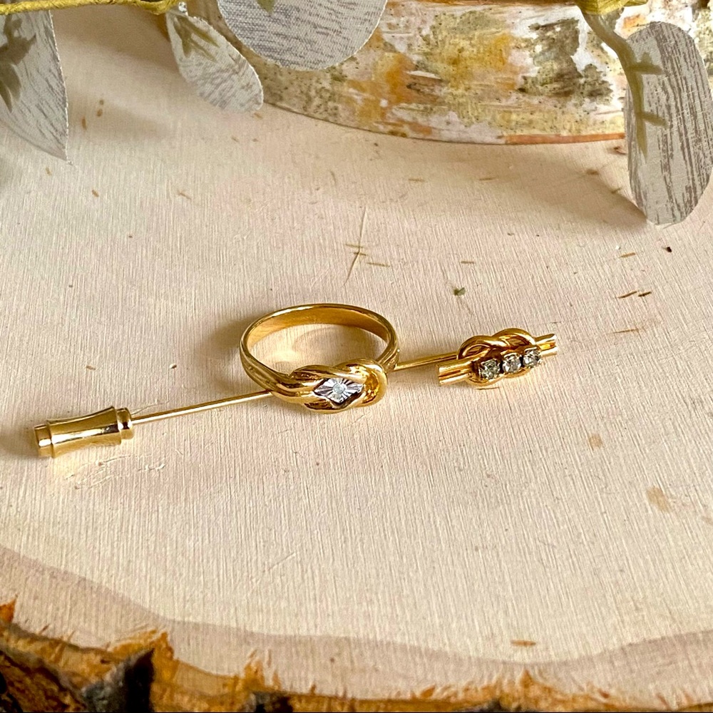 Vintage- Gold Plated Infinity Marquis Rhinestone Ring and Stick Pin Set